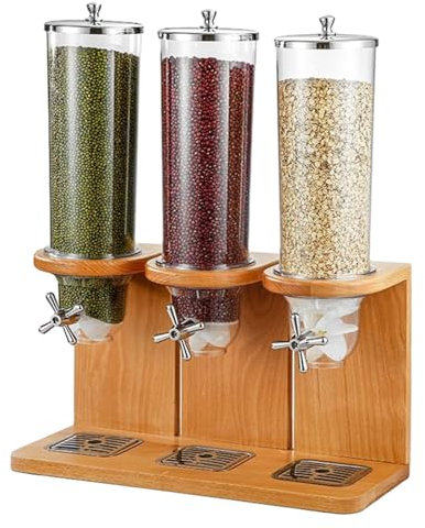 COYEUX 3 In 1 Dry Food Dispenser, Countertop Cereal Container Storage Dispenser, with PC Bucket and Wooden Base, for Rice, Candy, Bean, Nuts, Cornflakes