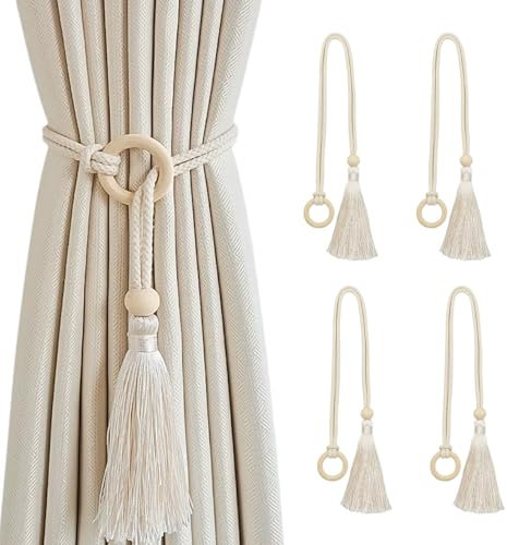 Vorhang Raffhalter,Guador 4 Stück Raffhalter Für Vorhänge Aus Holz,Boho Raffhalter,Drapierte Raffhalter Baumwollseil,Gardinen Raffhalter Heimdekoration,Beige Holdbacks Halter