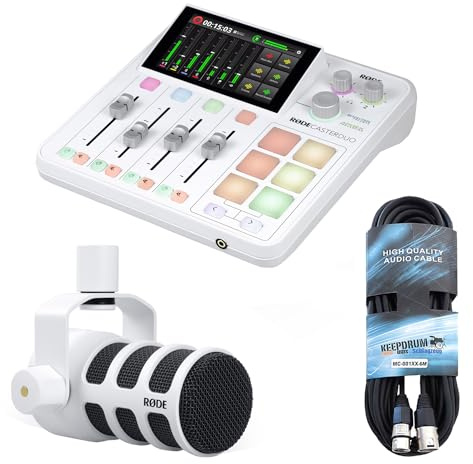 Rode Rodecaster Duo Audio Production Studio für Podcasts, Streaming, Content Creation Weiss + Podmic Mikrofon Weiss + keepdrum XLR-Mikrofonkabel
