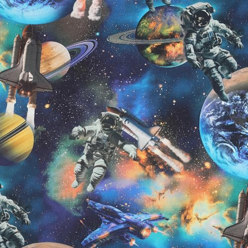 VmG-Store 1m Baumwollstoff zum Nähen 100% Baumwolle Nähstoff KEINE Meterware Kinderstoff (Weltall Astronaut Digital Navy Bc031)