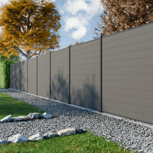DECKLINEA Kit Clôture Composite RIO Platines 9x1,8m - Bois composite & Aluminium - Poteaux sur Platines Gris- Brise vue - Palissade - Brise vue