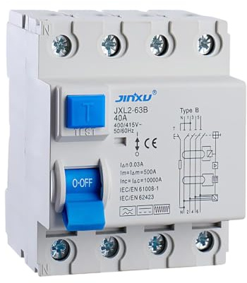 Fehlerstrom-Schutzschalter 4P Typ B, FI Schutzschalter 40A 30mA 4Polig, Fehlerstromschutzschalter Allstromintensiv Schalter Automat Sicherung für Wallboxen Ladestationen