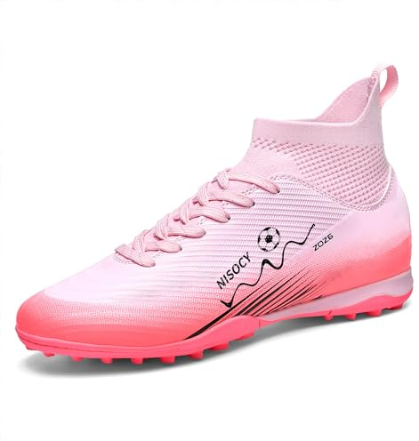 NISOCY Soccer Shoes for Mens Womens Professional Cleats High-Top Athletic Turf Football Shoe Outdoor/Indoor Professional Futsal Football Training Sneaker Pink US 9