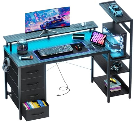 51 Inch Gaming Desk with LED Lights and Power Outlets, Computer Desk with Storage Shelves, Fabric Drawers, Monitor Stand & Side Hook, Reversible Gamer Table for Home Office, Carbon Fiber Black