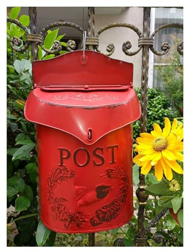 Wall Mounted Mailbox Mailboxes Letter Box Metal Large Mailbox Outdoor Garden Wall Mounted Post Box Farmhouse Decoration(Red)