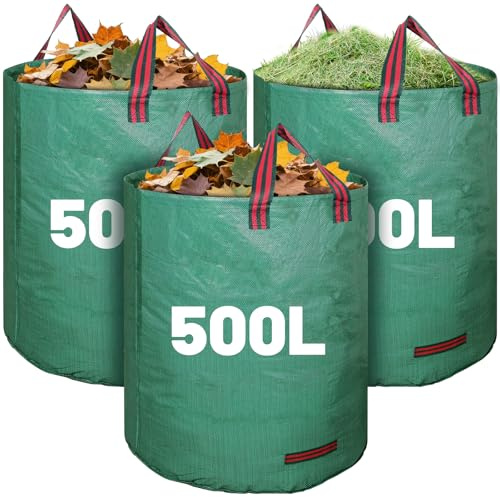 3 Pack 500L Large Garden Bag Leaf Collector, Heavy Duty Yard Waste Bags, Reusable Green Lawn Care Equipment for Collecting Grass, Leaves, Debris