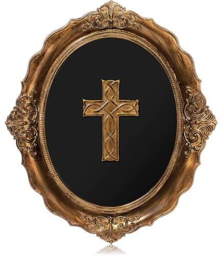 Thyle Vintage Cross Wall Decor Gold Catholic Sculpture Antique Pediment Hallway Wall Art Hand Painted Rustic Cross Oval Aesthetic Room Decor for First Communion Church Home Farmhouse Bedroom
