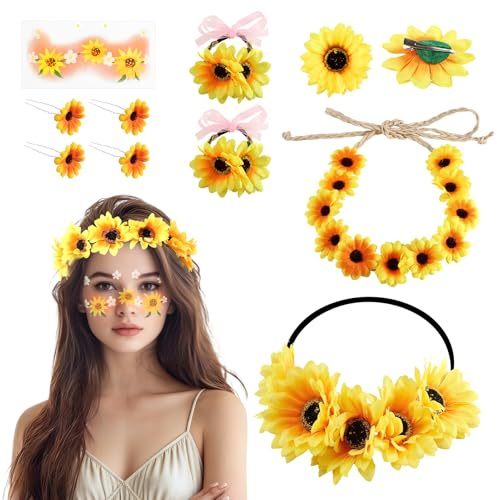Editbar 11 Stück Sonnenblumen Haarband Set – Gänseblümchen Blumen Haarreif Mädchen Damen mit 2 Stirnbänder, 2 Haarclips, 4 U-Clips, 2 Armbänder & Gesichtssticker, für Hochzeit, Karneval & Party (Gelb)