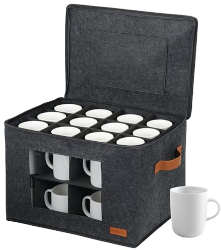 Sibosen 2- Layer Coffee Mug Storage Box with Dividers and Zippered Lid Stackable Organiser for 24 Mugs and Cups Portable Coffee Cup Organizer with Handles for Kitchen Moving Camping