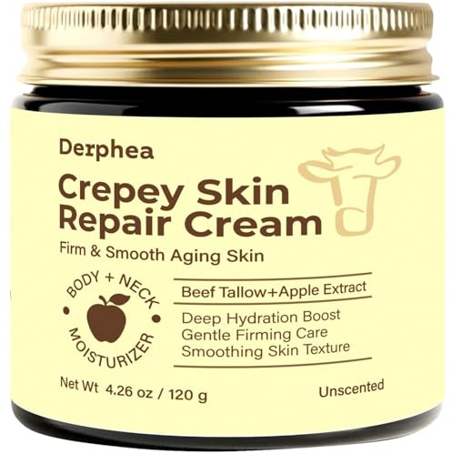 Crepey Skin Repair Treatment: Crepey Skin Repair Cream for Aging Skin with Pure Beef Tallow, Soluble Collagen & Apple Fruit - Advanced Crepe Fix Cream for Neck, Arms, Chest, Body - Unscented
