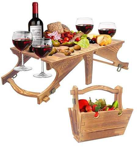 Picnic Table 2-in-1 Wooden Folding Basket Table with Wine Glass Holder Portable Outdoor Storage for Camping Beach Wine Lover Present 11.8 * 9.1 * 5.9inch