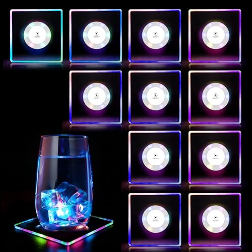 12 Stück Bunt LED Untersetzer Quadratisch, 3 Beleuchtungsmodi Leuchtende Untersetzer, LED Untersetzers, Wasserdicht Mit 7 Farb Für Gläser, Flaschen, Bar, Partys, Hochzeiten, Festival, Weihnachten