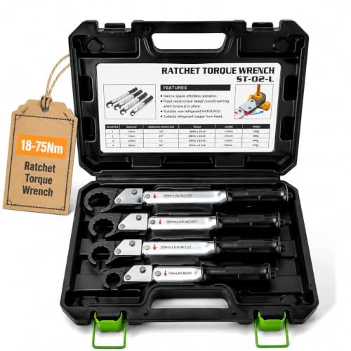 Kit de llave dinamométrica de trinquete, llave de boca de campana con tapa de cobre ajustable de 18-75 Nm para aire acondicionado de refrigeración HVAC de tubo de cobre de 1/4, 3/8, 1/2, 5/8