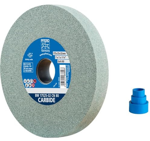 PFERD Schleifbockscheibe CARBIDE, 175x25x32mm, SiC 80, 39009725 – Weiche, aggressive Schleifscheibe für harte Materialien, z. B. Hartmetall, mit Reduzierhülsen (25/20/16mm)