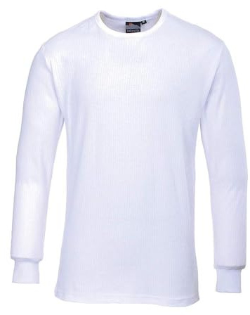 Portwest B123 T-Shirt Thermique Homme Manches Longues sous-Vêtement Chaud Maillot de Corps Couche de Base Col Rond Poignets Côtelés Travail Hiver Extérieur, Blanc, S