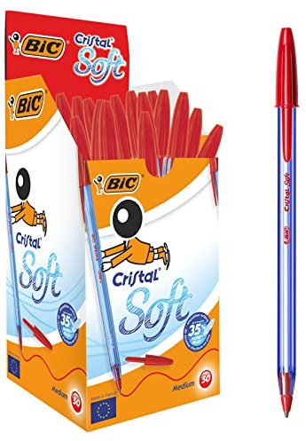 BIC Cristal Soft Stylos-Bille Pointe Moyenne (1,2 mm) - Écriture Douce et Fluide - Rouge, Boîte de 50