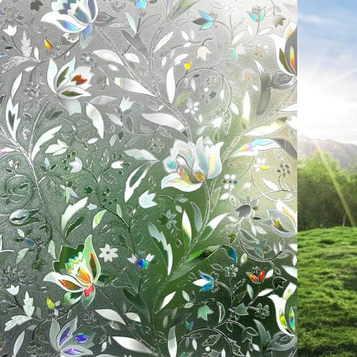 rabbitgoo 3D Window Film Privacy Film for Glass Windows, No Glue Self-adhesive Rainbow Glass Covering Frosted Opaque Decorative Stickers Heat Control Static Cling for Kitchen Room Tulip 90x400 cm
