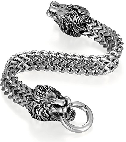 Flongo Herren Löwe Armband Edelstahl: schwarz silber gold Wikinger Schmuck Charms Cuban Kette mit Löwenkopf Lion Head Löwen Armkette retro biker Geschenk für Männer Damen breit Weihnachten