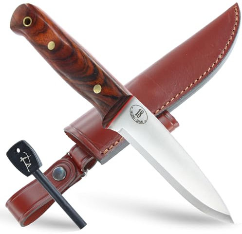 JEO-TEC Nº18: Couteau de Chasse Survie Bushcraft Randonnée Camping, Lame Fixe Inox Sandvik 14C28N, Étui en Cuir + Firesteel, Fabriqué en Espagne