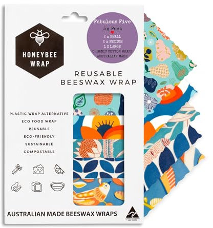 Honeybee - Beeswax Wrap for The Conscious Human | Eco-Friendly, Washable, Organic & Reusable | 100% BPA Free | Perfect Food Storage | Available in Pack of 5 with Different Sizes | Lasts for 1 Year
