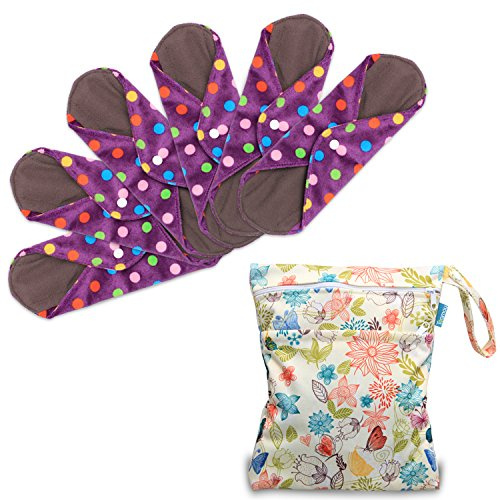 Teamoy 6Pcs 10 Inches Sanitary pad, Reusable Washable Cloth Menstrual Pads/Panty Liners with Wet Bag, Super-Absorbent, Soft and Comfortable, Perfect for General Flow(Medium, Purple Dots)