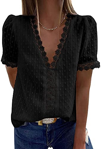 Coloody Camicette da Donna Camicia Scollo a V Camicia in Pizzo Tunica Camicette Eleganti in Chiffon Camicetta Estiva Tops(Nero) M