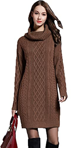 HZQIFEI Robe Pull Femme Automne-Hiver, Mini Tricoté à Col Haut Mi-Longue Chandail Slim Fit (As Photo, XL)