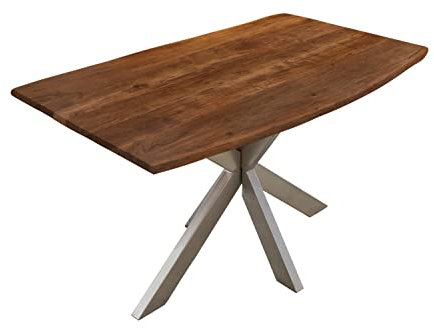 SAM Baumkantentisch 160 x 85 cm Kalea, Akazienholz nussbaumfarben & massiv, Esstisch mit silbernem Spider-Metallgestell, Tischplatte 26 mm, Esszimmertisch, Industrial-Design