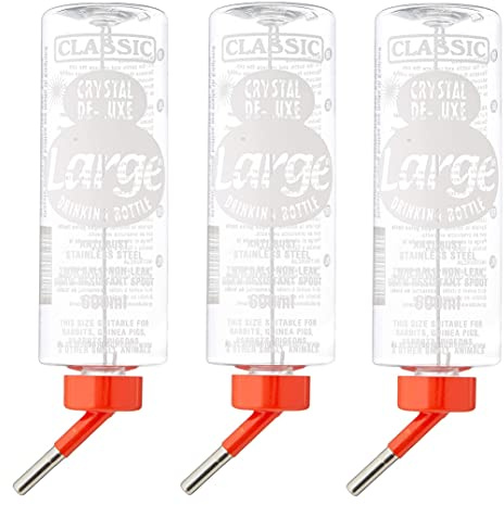3 PACK 600ML CLASSIC WATER BOTTLE FOR SMALL ANIMAL RABBIT HUTCH CAGE WATER FEEDER, CLEAR