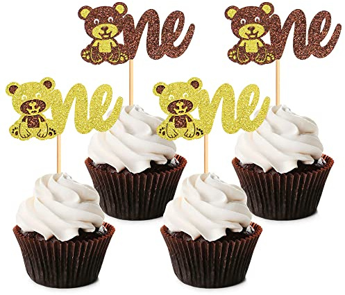 Blumomon 24Pcs Bear One Cupcake Toppers Glitter Teddy Bear Baby Cupcake Picks Baby Shower Cupcake Decorations Kids One Birthday Baby Shower Cake Decorations Party Supplies