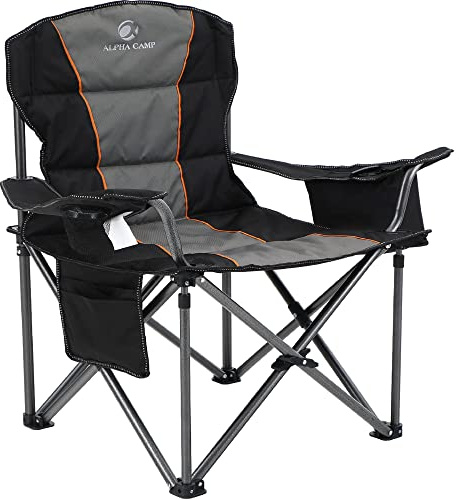 ALPHA CAMP Oversized Camping Folding Chair Heavy Duty Camping Chair Support 450 LBS Padded Camp Chairs for Adults with Carry Bag and Cooler Bag Portable for Outdoor(Black)