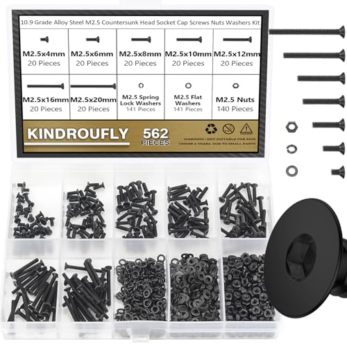 Kindroufly 562 Pieces Black M2.5 x 4/6 /8/10 /12/16 /20mm Countersunk Head Socket Cap Screws Nuts Washers Assortment Kit, 10.9 Grade Alloy Steel