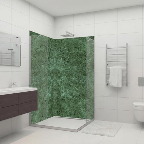 dedeco Panel de ducha de esquina resistente al agua, diseño de mármol V14, barniz UV mate, 2x 80x200 cm, como pared trasera de baño para reemplazar azulejos, revestimiento de pared de aluminio