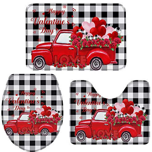 Set 3 Teilig Badvorleger EIN Roter LKW Mit Rosen Und Luftballons Auf Schwarzen Gittern Waschbar Bade-Matte+Kontur+Wc-Deckelabdeckung Wasserabsorbierend Badgarnitur Badematten Für Badezimmer