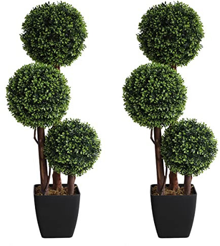 Künstlicher Formschnitt-Kugelbaum für den Außenbereich, 91 cm, dreifache Kugel, Buchsbaumbäume (2 Stück), künstliche Sträucher, Pflanzen, Topfpflanzen, dekorativ, für Innenveranda oder Garten (88,9 cm