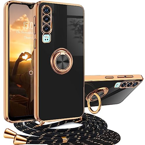 XCYYOO Mobiltelefonkedja Huawei P30, fodral med band, Huawei P30, mobiltelefonfodral med 360 graders ringstativ, lyxigt, galvaniserat, reptåligt skyddshölje, silikon, smalt stötfångare, stötsäkert