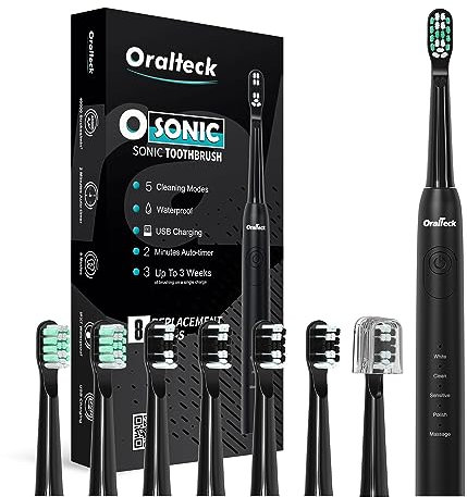 OSONIC Spazzolino elettrico sonico. Include: 8 teste. 5 modi per utilizzare lo sbiancamento in 2 settimane. Temporizzatore da 2 minuti. IPX8, adatto per la famiglia. Batteria di ricarica USB.