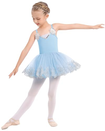 Odizli Vestido de ballet para niñas y niños, espaguetis con cuello en V, lentejuelas, flores, vestido de ballet, azul, 5-6 Años