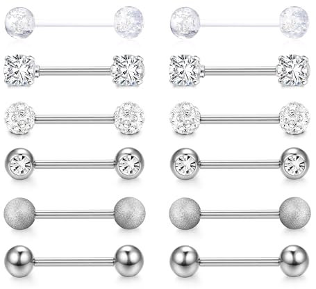 CASSIECA 12Pcs 14G Brustwarzenpiercing Silber Nippelpiercing für Frauen Zungenpiercing Brustwarzen Piercing Chirurgenstahl Nippelpiercing 16mm Stablänge Barbells Body Piercing