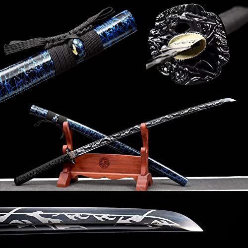 HJHUUA 103 cm handgefertigtes echtes Samurai-Schwert, Klinge aus Manganstahl, Scheide aus massivem Holz mit Sprühfarbe, blaues Katana für Kendo, Iaido, Cosplay, Dekor, Sammeln