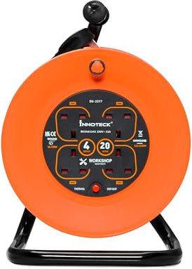 Innoteck 4 Way Socket 20M 13A Cable Reel - Thermal Cut Out and Resetting Switch - Heavy Duty Cable and Portable - Extension Lead for Indoor - Orange and Black