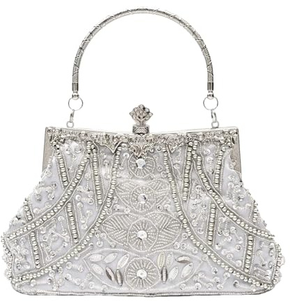 CORIOS Vintage 1920s Borsetta da Sera Pochette con Perline da Donna Clutch con Paillettes Retro Borsa a Spalla Borsa a Tracolla Elegante Borse Messenger per Cocktail Festa Cerimonia Ballo Argento
