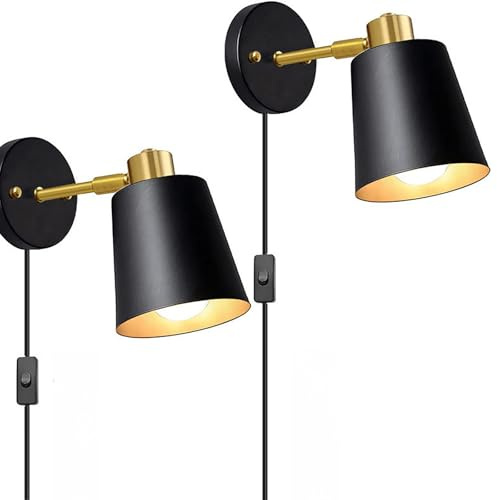 GZZBMY Wandleuchte Mit Schalter Drehbar Wandlampe Kabel Und Stecker E27 Wandbeleuchtung Schwenkbar Verstellbar Metall Schirm Schlafzimmer Nachttischlampe Wand Leselampen (Schwarz)