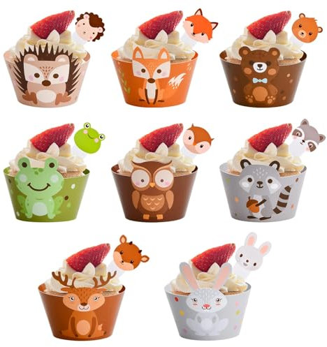 24 Piezas Adornos para Cupcakes y Envoltorios para Cupcakes, Cupcakes de Animales del Bosque, Cupcake Topper Wrappers, Papel para Magdalenas para Niños Fiestas de Cumpleaños Decoración Suministros