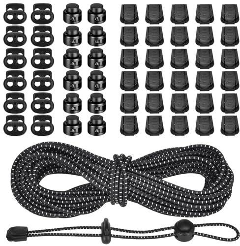 XHTXHT 10m Elastische Gummischnur 3mm,Gummiband Schnur Elastische Gummiseil mit 24 kordelstopper 2 Loch Schwarz 30 Kordelklemme Gummikordel für Kordelzug Rucksack Bekleid Wäscheleinen,Zeltbefestigung