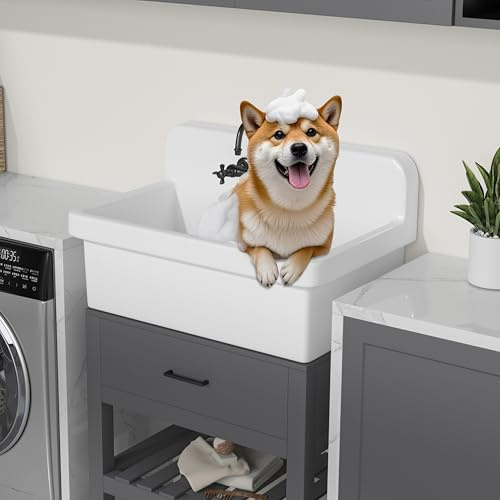 Eridanus 30 Inch Utility Sink, Wall Mount Laundry Sink, Modern Bathroom Basin, Farmhouse Kitchen Sink Drop-in, Floating Porcelain Ceramic Tub High Back for Garage, Washing Room, Workshop 30x19x17
