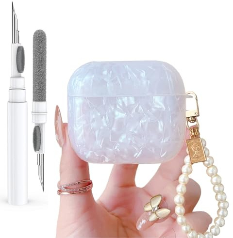 Olytop för söta glitter Airpods 4 fodral 2024 med rengöringspenna, skalmönster Apple Airpods iPod 4:e generationen fodral skyddande hud flicka kvinnor med lyxig pärla nyckelring, vit