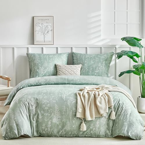 Tokokimo Parure de Lit 4 Pièces Housse de Couette 240x260cm + Drap Housse 160x200cm avec 2 Taies d'oreillers 65x65cm en Microfibre, Motifs Floraux Peints à la Main, Vert Sauge
