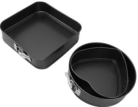 3PCS Moule à Gâteau Gâteau en Acier au Carbone Moule à Charnière Fond Amovible 22 Cm Forme de Coeur 24 Cm Rond 26 Carré Cuisson, Accessoire Multifonctionnel pour Un Usage