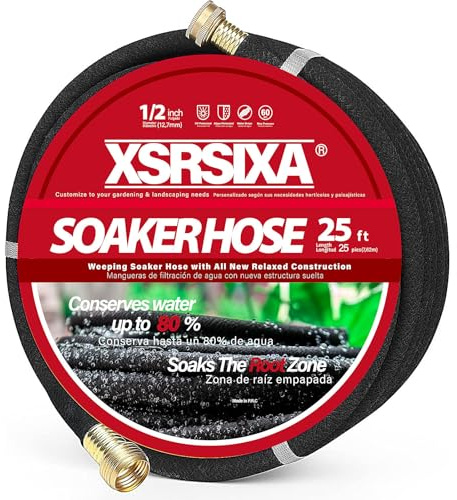 XDRSIXA 25FT Heavy Duty Soaker Hose – 1/2 Ultra-Flexible Rubber with Reinforced Core, 20% Stronger Stretch & Even Water Flow for Gardens, Lawns, Raised Beds (Drip Irrigation Hose)